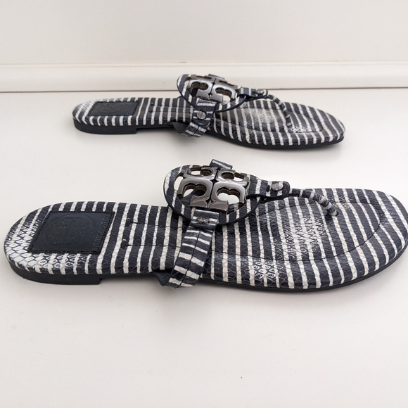 GUC! Tory Burch Miller Sandal In Navy Striped Snake Embossed Leather Size 8 - Picture 8 of 16